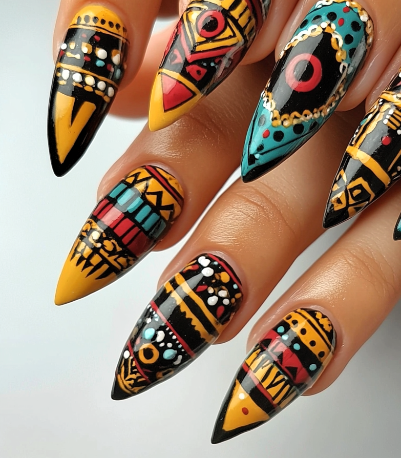 aztec desin nails sharp shape